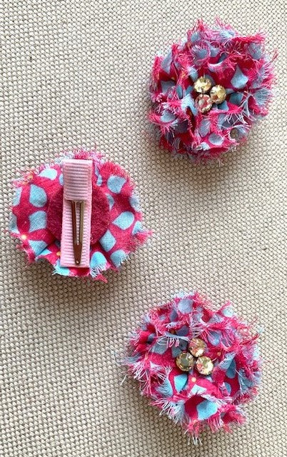 Beaded Flower Hair Clips SET OF 3 Pink & Blue