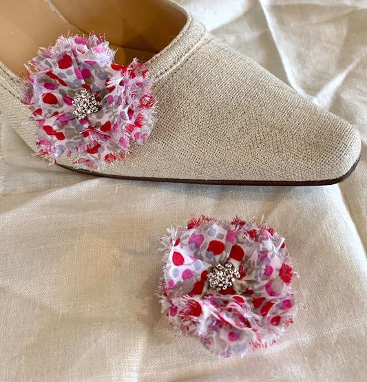 Beaded Flower Shoe Clips ONE PAIR Red & Pink