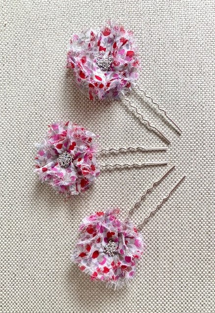 Beaded Flower Hairpins SET OF 3 Red & Pink