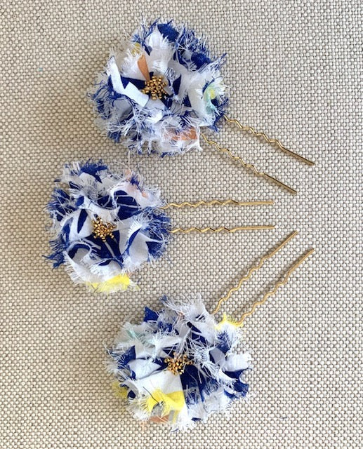 Beaded Flower Hairpins SET OF 3 Blue & White