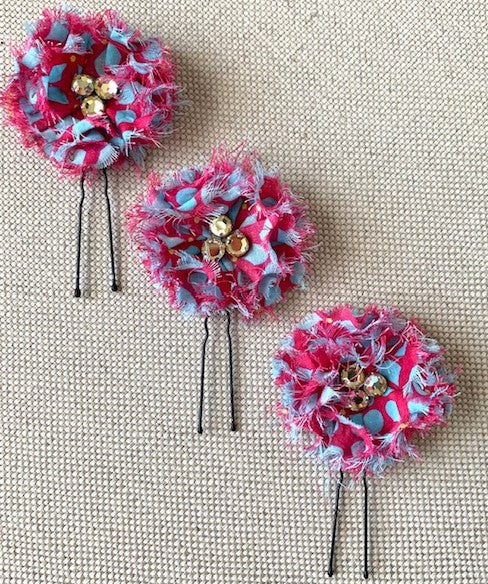 Beaded Flower Hairpins SET OF 3 Pink & Blue