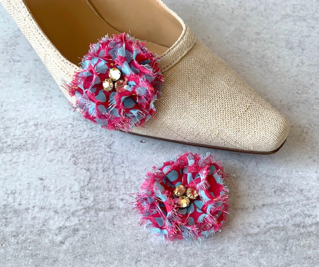 Beaded Flower Shoe Clips ONE PAIR Pink & Blue